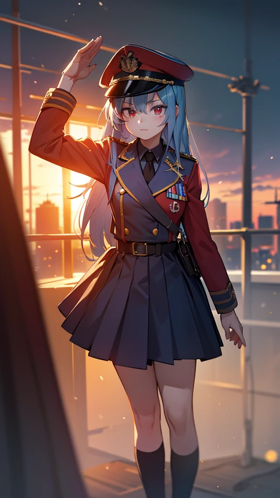 1girl, 18 years old, cute high school girl, light blue hair, red eyes, military uniform, military cap, saluting, bathed in sunset light, serious expression, nostalgic atmosphere, full body, best quality, 8k, highres, masterpiece:1.2, ultra-detailed, realistic, photorealistic:1.37, HDR, UHD, studio lighting, ultra-fine painting, sharp focus, physically-based rendering, extreme detail description, professional, vivid colors, bokeh