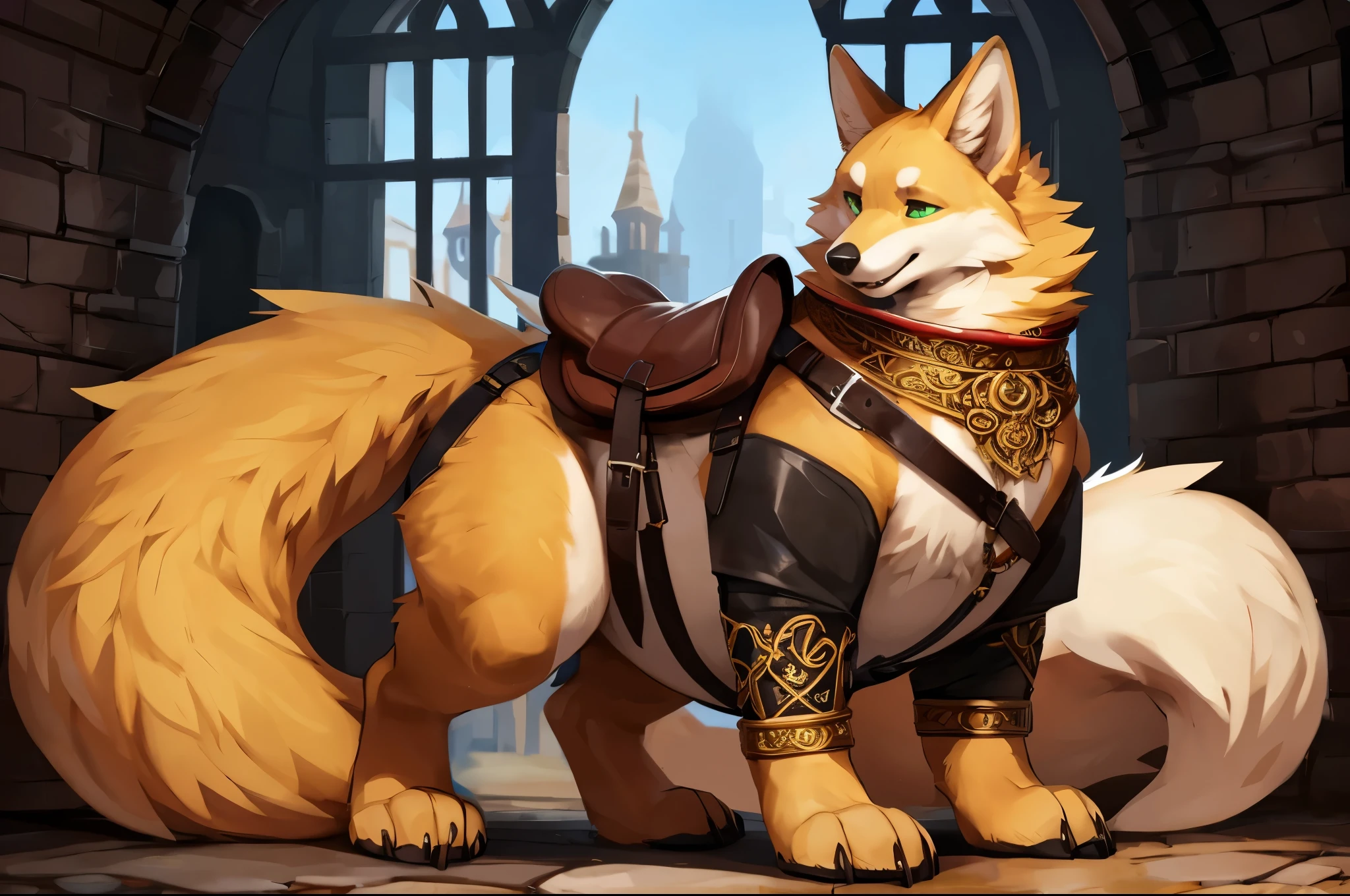 4k ultra quality, 4k full body view,ultra high detailed body,singo person,feral fox, detailed body, white belly fur,big belly, ((round belly)), enormous belly, enormous body, bulge,by mystikfox61, by glitter trap boy, by bebebebebe,by morethreedee, by seibear,(thick thigh),(chubby thigh),thicc thigh,thick legs,chubby legs,thicc legs,massive butt,enomorous thigh,massive thigh,massive legs,(detailed thigh),(wide thigh),thick butt,fluffy belly,furry belly,sharp nails,((sfw)),(ultra detailed face),ultra detailed eyes,cute face,green eyes,(golden fur),mouth open,big tail,fluffy tail,(detailed tail),enomorous tail,bigger tail,huge tail,bloated feral belly,enomorous thigh,fluffy paws,detailed paws,thick paws,chubby paws,huge paws,big paws,(black paws),bare paws,ornate belts,ornate necklace,golden bracelet,leather belts,multiple belts, saddle bags,ornate saddle,saddle packs,big packs,in dark dungeon,mediaeval style
