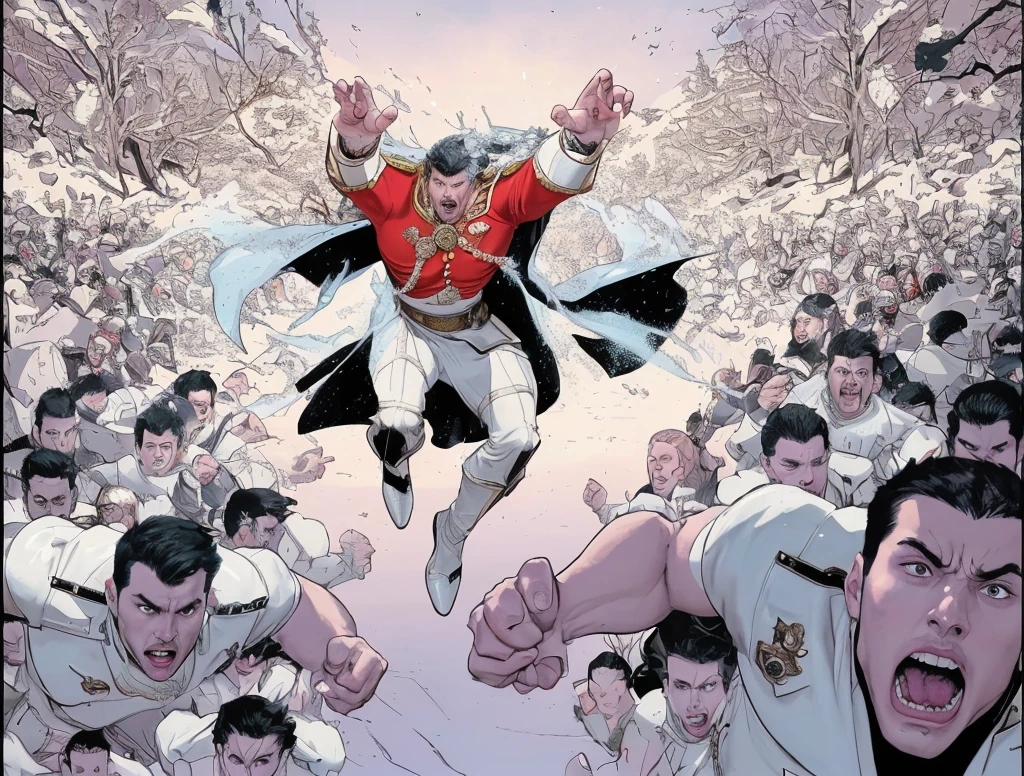 The central figure is a powerful, commanding individual dressed in a red and white outfit with a cape, The costume is detailed with a large medallion on the chest, connected by chains to his shoulders, The character's expression is one of fierce determination and anger, with his mouth open as he shouts, He is in a mid-air, forward-thrusting pose with both arms extended and hands clawed, as if rallying or commanding his troops, His cape billows behind him, adding to the sense of movement and urgency, A large, white, wolf-like creature with a menacing snarl and piercing eyes is by his side, further emphasizing his power and the dangerous nature of the scene, Speech Bubble: Text: "BRING ME THE SKULLS OF THESE TRAITORS!", This text adds context to the scene, indicating a battle or pursuit of enemies, and highlighting the central character's ruthlessness, The scene is filled with numerous identical-looking soldiers, all flying or leaping towards the viewer, They appear to be a clone army, as they all share the same facial features and uniforms, The soldiers are dressed in white outfits with a simple circular emblem on the chest, contributing to their uniform appearance, They have short, black hair and determined or angry expressions, The sheer number of soldiers creates a sense of overwhelming force, with the characters in the foreground more detailed and those in the background becoming progressively smaller, enhancing the depth and scale of the scene, The soldiers in the foreground have intense, aggressive expressions, They are depicted in various action poses, with clenched fists and dynamic body positions, emphasizing their readiness for battle, The muscles and facial features are well-defined, showcasing the physical prowess and determination of the troops, The perspective is dynamic, with the central character and his immediate surroundings in sharp focus, while the soldiers extend into the distance, creating a sense of depth and scale