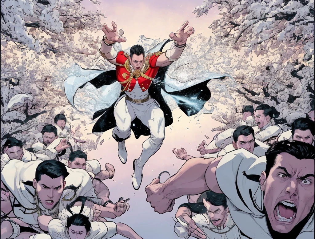 The central figure is a powerful, commanding individual dressed in a red and white outfit with a cape, The costume is detailed with a large medallion on the chest, connected by chains to his shoulders, The character's expression is one of fierce determination and anger, with his mouth open as he shouts, He is in a mid-air, forward-thrusting pose with both arms extended and hands clawed, as if rallying or commanding his troops, His cape billows behind him, adding to the sense of movement and urgency, A large, white, wolf-like creature with a menacing snarl and piercing eyes is by his side, further emphasizing his power and the dangerous nature of the scene, Speech Bubble: Text: "BRING ME THE SKULLS OF THESE TRAITORS!", This text adds context to the scene, indicating a battle or pursuit of enemies, and highlighting the central character's ruthlessness, The scene is filled with numerous identical-looking soldiers, all flying or leaping towards the viewer, They appear to be a clone army, as they all share the same facial features and uniforms, The soldiers are dressed in white outfits with a simple circular emblem on the chest, contributing to their uniform appearance, They have short, black hair and determined or angry expressions, The sheer number of soldiers creates a sense of overwhelming force, with the characters in the foreground more detailed and those in the background becoming progressively smaller, enhancing the depth and scale of the scene, The soldiers in the foreground have intense, aggressive expressions, They are depicted in various action poses, with clenched fists and dynamic body positions, emphasizing their readiness for battle, The muscles and facial features are well-defined, showcasing the physical prowess and determination of the troops, The perspective is dynamic, with the central character and his immediate surroundings in sharp focus, while the soldiers extend into the distance, creating a sense of depth and scale