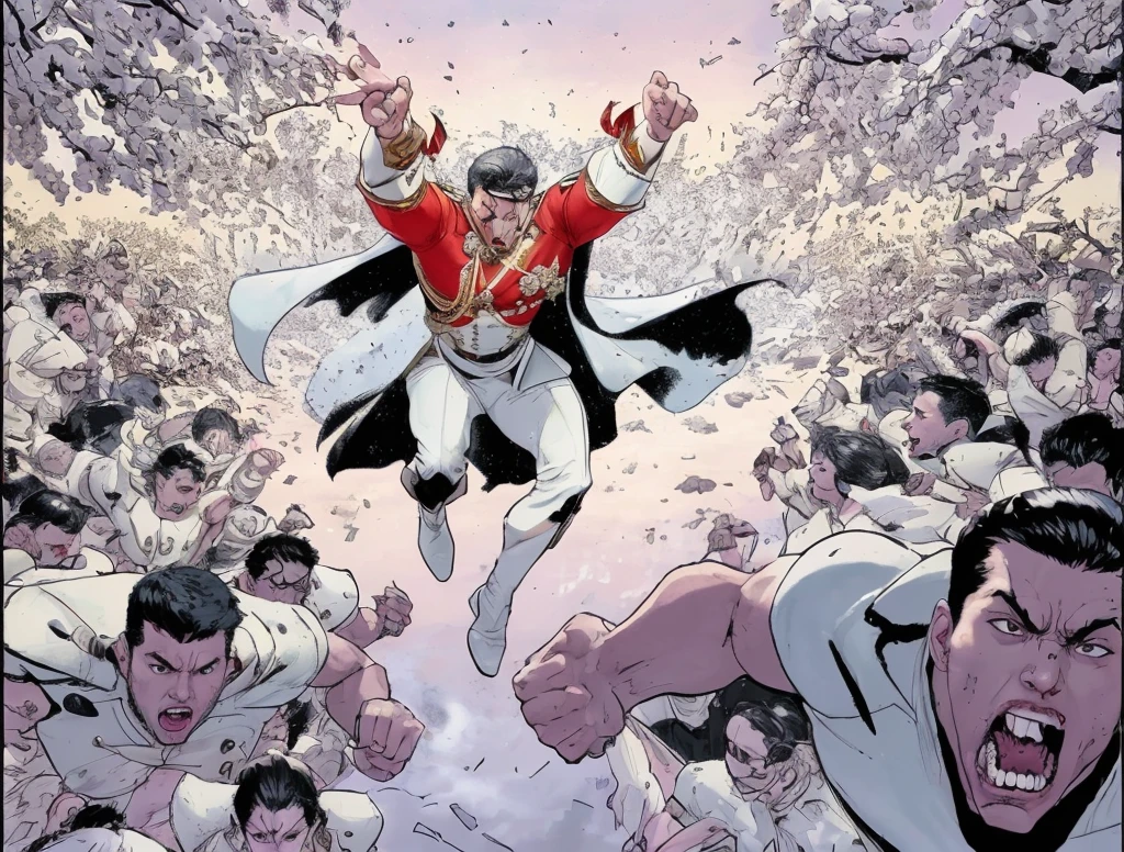 The central figure is a powerful, commanding individual dressed in a red and white outfit with a cape, The costume is detailed with a large medallion on the chest, connected by chains to his shoulders, The character's expression is one of fierce determination and anger, with his mouth open as he shouts, He is in a mid-air, forward-thrusting pose with both arms extended and hands clawed, as if rallying or commanding his troops, His cape billows behind him, adding to the sense of movement and urgency, A large, white, wolf-like creature with a menacing snarl and piercing eyes is by his side, further emphasizing his power and the dangerous nature of the scene, Speech Bubble: Text: "BRING ME THE SKULLS OF THESE TRAITORS!", This text adds context to the scene, indicating a battle or pursuit of enemies, and highlighting the central character's ruthlessness, The scene is filled with numerous identical-looking soldiers, all flying or leaping towards the viewer, They appear to be a clone army, as they all share the same facial features and uniforms, The soldiers are dressed in white outfits with a simple circular emblem on the chest, contributing to their uniform appearance, They have short, black hair and determined or angry expressions, The sheer number of soldiers creates a sense of overwhelming force, with the characters in the foreground more detailed and those in the background becoming progressively smaller, enhancing the depth and scale of the scene, The soldiers in the foreground have intense, aggressive expressions, They are depicted in various action poses, with clenched fists and dynamic body positions, emphasizing their readiness for battle, The muscles and facial features are well-defined, showcasing the physical prowess and determination of the troops, The perspective is dynamic, with the central character and his immediate surroundings in sharp focus, while the soldiers extend into the distance, creating a sense of depth and scale