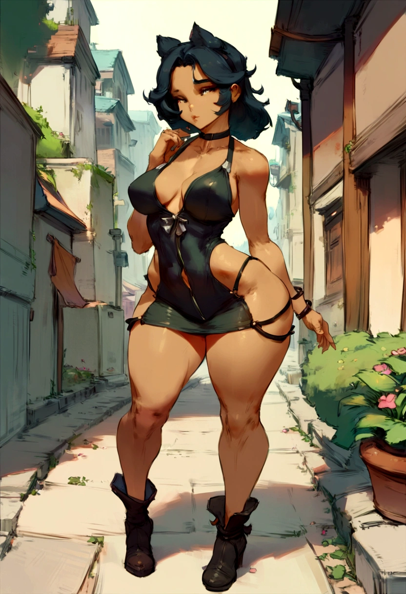 cartoon of a woman in a short skirt standing on a sidewalk, commission for high res, cutesexyrobutts, by loish, urban girl fanart, loish |, neon edges on bottom of body, oc commission, full body portrait of a short!, fully clothed. painting of sexy, inspired by Tomer Hanuka, commission, low detailed. digital painting