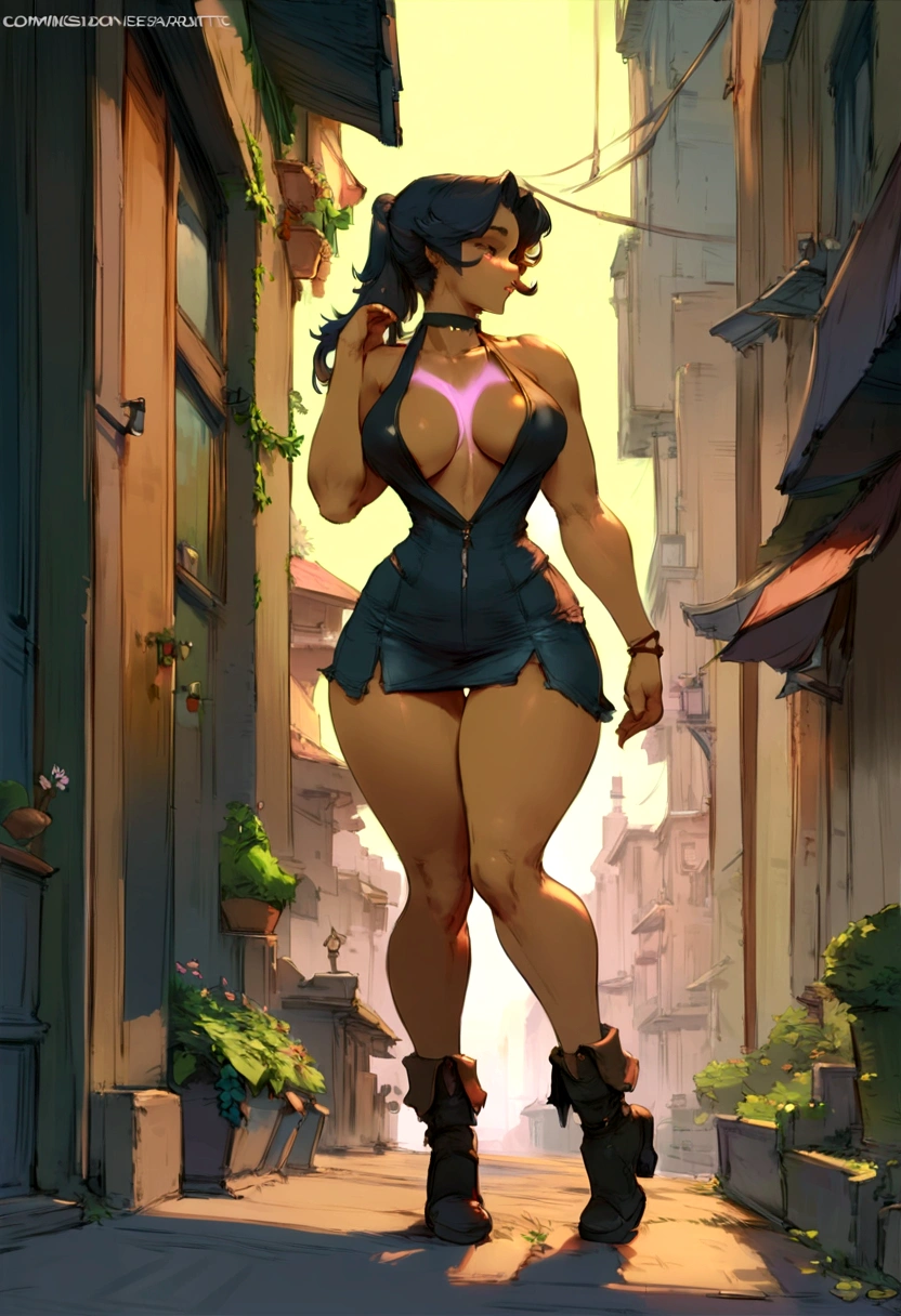 cartoon of a woman in a short skirt standing on a sidewalk, commission for high res, cutesexyrobutts, by loish, urban girl fanart, loish |, neon edges on bottom of body, oc commission, full body portrait of a short!, fully clothed. painting of sexy, inspired by Tomer Hanuka, commission, low detailed. digital painting