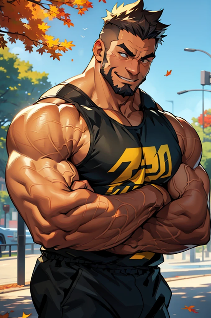 a muscular old man in park, tank top, happy, autumn, suits, vector, mwvector, bokeh, smile, (masterpiece), (best quality), 8k. huge and muscular, thick arms, short hair