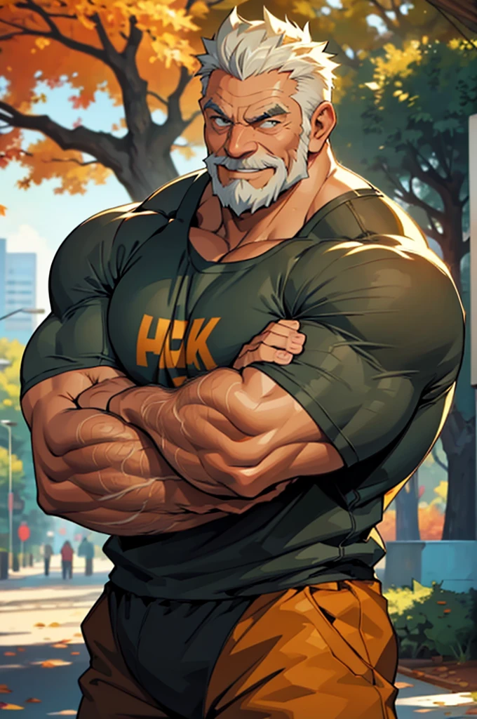 a muscular old man in park, tank top, happy, autumn, suits, vector, mwvector, bokeh, smile, (masterpiece), (best quality), 8k. huge and  muscular, thick arms, short hair