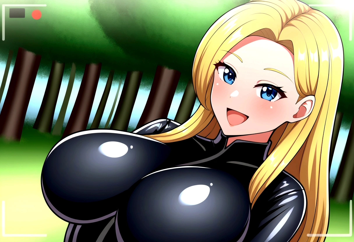 a busty long hair blonde woman blue eyes with a smile fun haughty provocative face expression, open mouth, black leather jumpsuit, forest background, facing the camera, Big breast++, face camera, smile fun haughty provocative face