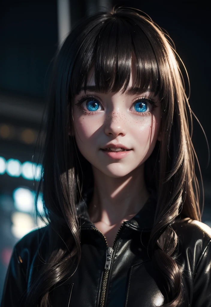 masterpiece, best quality, half body, portrait, night city, 1girl, anime, 3D, Japan, pixar, realistic, teen girl, smiling, cute face, harajuku fashion style, rain coat, beautiful, colourful, neon lights, cyberpunk, smooth skin, illustration, artstation, painting by stanley artgerm lau, sideways glance, foreshortening, extremely detailed 8K, smooth, high resolution, ultra quality, highly detail eyes, highly detail mouth, highly detailed face, perfect eyes, both eyes are the same, true light, glare, Iridescent, Global illumination, (long straight hair), (side comb hair), Big Breasts:1.7, real light, real shadow, real face, hd, 2k, 4k, 8k, 16k, realistic light, realistic shadow, bright Eyes, fluorescent eyes, soft light, dream light