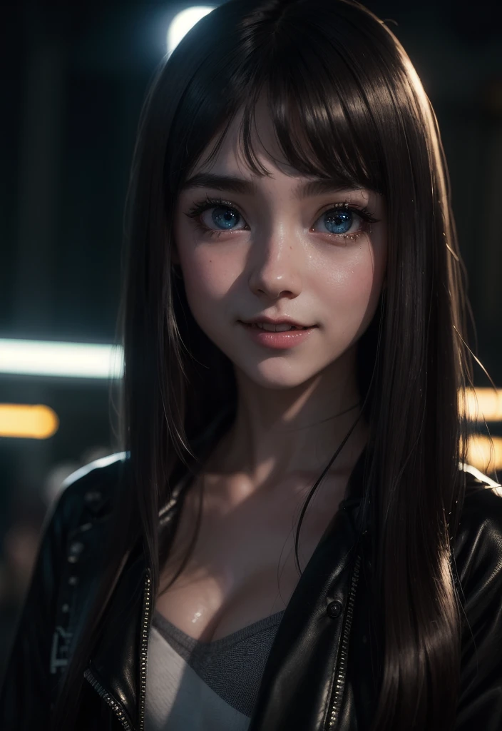 masterpiece, best quality, half body, portrait, night city, 1girl, anime, 3D, Japan, pixar, realistic, girl, smiling, cute face, harajuku fashion style, rain coat, beautiful, colourful, neon lights, cyberpunk, smooth skin, illustration, artstation, painting by stanley artgerm lau, sideways glance, foreshortening, extremely detailed 8K, smooth, high resolution, ultra quality, highly detail eyes, highly detail mouth, highly detailed face, perfect eyes, both eyes are the same, true light, glare, Iridescent, Global illumination, (long straight hair), (side comb hair), Big Breasts:1.7, real light, real shadow, real face, hd, 2k, 4k, 8k, 16k, realistic light, realistic shadow, bright Eyes, fluorescent eyes, soft light, dream light