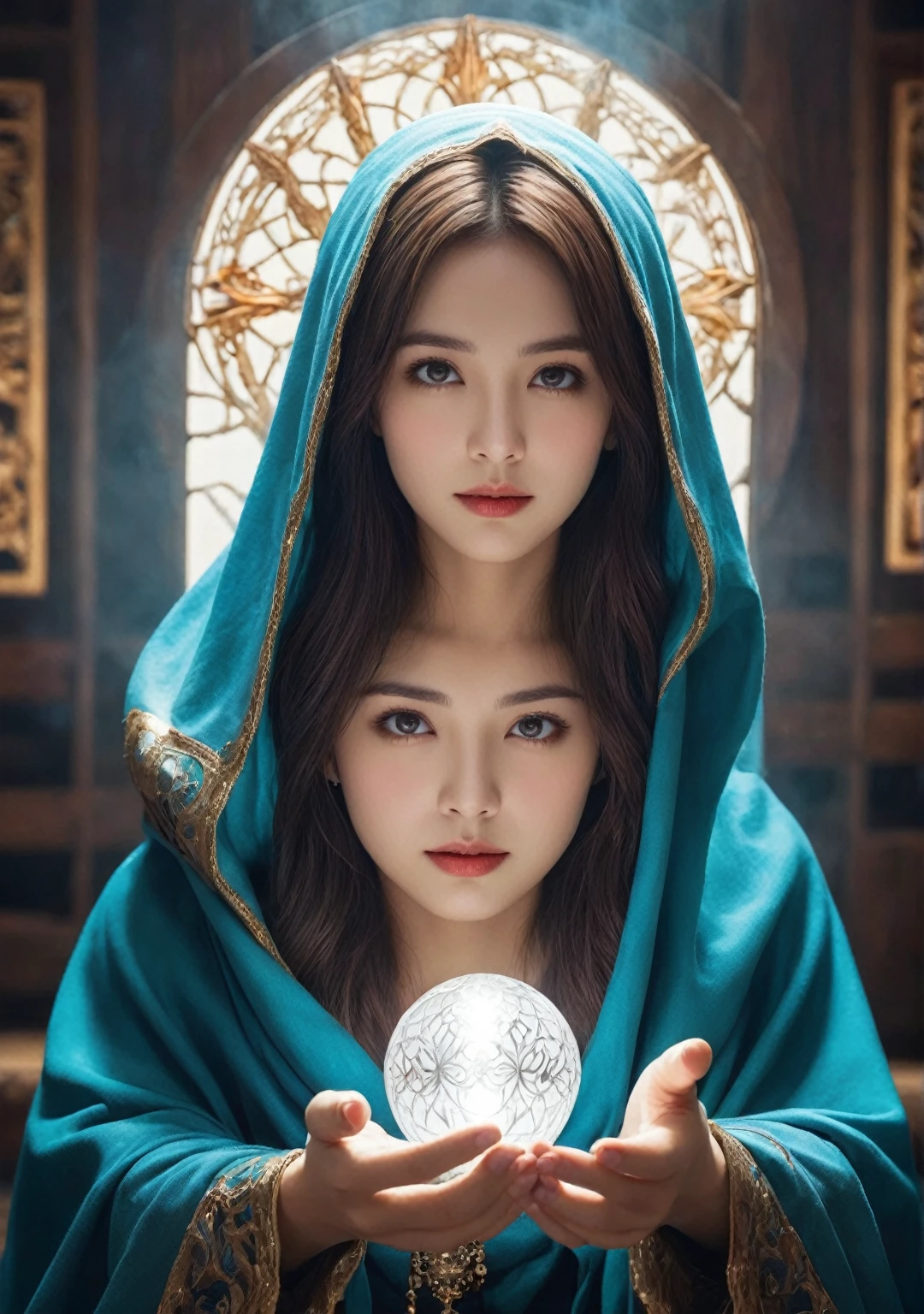 Female fortune teller. (Overall body orientation: frontal) Charming, beautiful and mysterious. She wears a blue cloak and has a clear face. Eyes open and looking straight ahead. She is bright and glittering, full of anxiety and anticipation. He holds a crystal ball in front of his chest with both hands. He has two hands. The lighting in the room is bright, creating a fantastic atmosphere. Highest picture quality, 4K or 8K resolution. Level of detail is very fine and photorealistic. Artistic style should reflect a formal aesthetic, with bright colors and strong contrasts. The color palette should emphasize the mysterious and mystical theme of the work. The fortune teller's cloak is decorated with metal borders and intricate designs, with a thickness ratio of 1.5 The overall atmosphere is lovely and fantastic; the design is a combination of a strong sense of mystery and a sense of the divine, with a strong sense of the divine and a strong sense of the divine. The overall atmosphere is lovely and fantastic; the fortune teller's expression should evoke mystical interest.