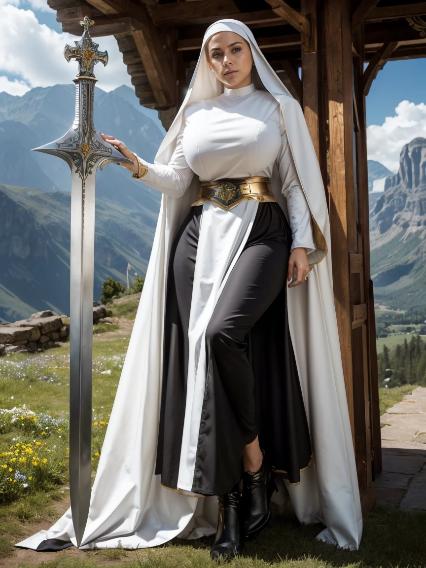 (masterpiece, top quality, best quality, official art, beautiful and aesthetic:1.2), (1girl:1.3), ((Sharp facial features, sharp features, hawkish features)), ((blue eyes)), busty brunette paladin knight girl, extremely detailed, portrait, looking at viewer, solo, (full body:0.6), detailed background, full-body shot, (warm mountain meadow theme:1.1), holy knight, (nun), charlatan, smirk, mysterious, swaying in mountains, armor, polished metal, gold trim, long boots, white fabric, pelvic curtain, robe, pale leather, ((((nun, greatsword, corona, holy aura, heavy armor, armored, long legs, pelvic curtain, toned, muscular)))), slim waist, slim hips, long legs, medieval (mountain exterior:1.1) background, dark mysterious lighting, shadows, magical atmosphere, dutch angle