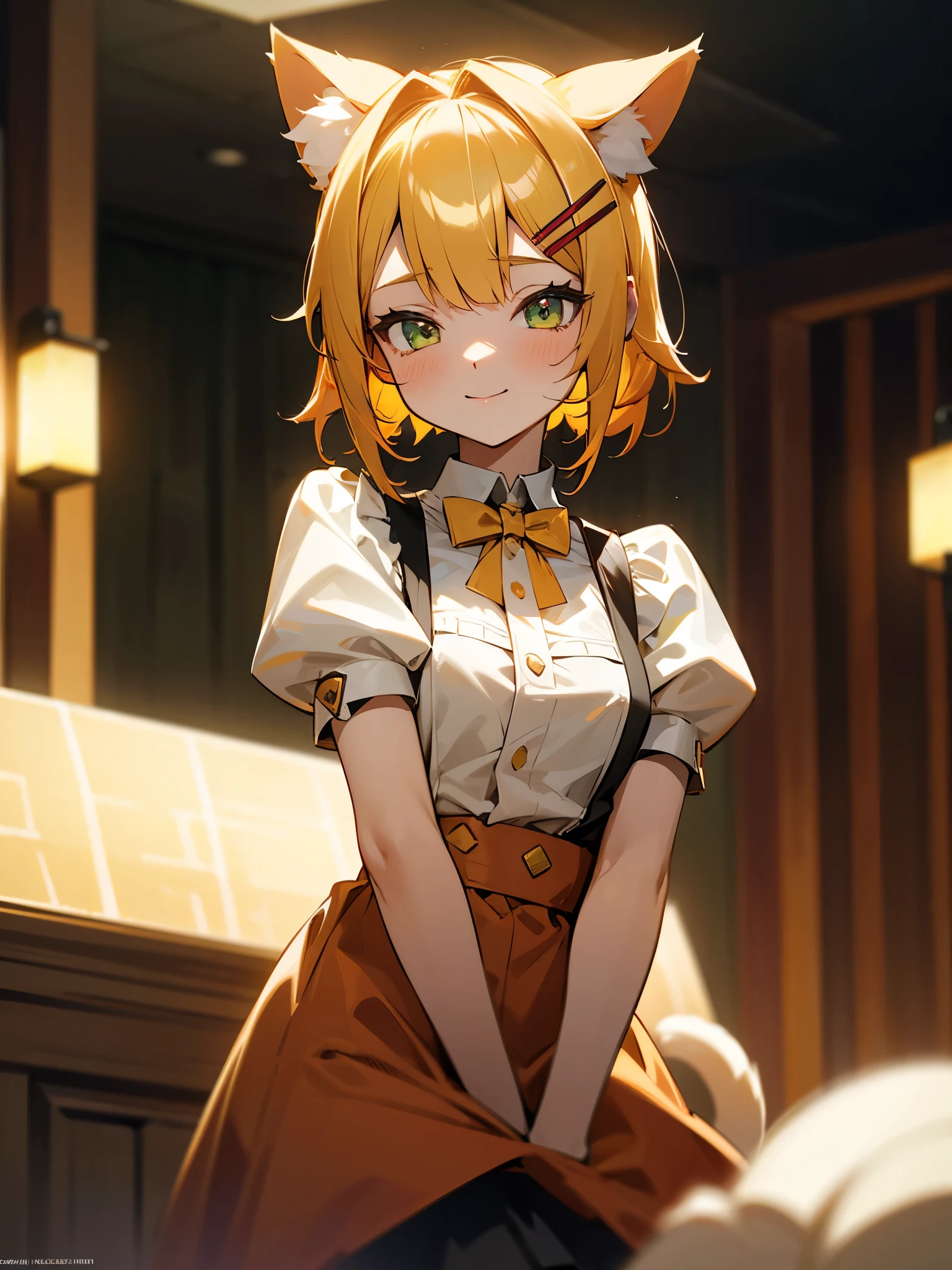 1girl, li, maid outfit, short golden yellow hair, hair clip:red, emerald green eyes, cat ears, neko mimi, cute sweet smile, extremely detailed anime style, best quality, 4k, 8k, highres, masterpiece:1.2, ultra-detailed, HDR, UHD, studio lighting, ultra-fine painting, sharp focus, physically-based rendering, extreme detail description, professional, vivid colors, bokeh, inside bar,