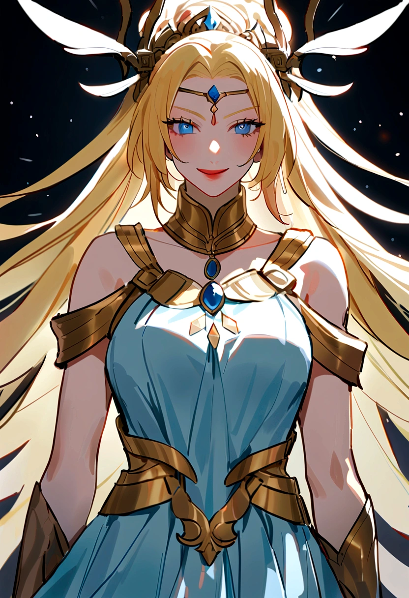 (Huang Li、high quality、Extremely detailed),Constellation - Gemini Goddess,Two goddesses appear,They are Gemini goddesses, They are laughing, Dressed very [Asymmetry),Similar to Latin goodness,brave,capricious,Productivity,The face of enterprising and humanitarianism,Yellow hair,Ancient Greek costumes、Wrap Dress,Background is starry sky,Crystal blue eyes(Eyes Details),Powerful appearance