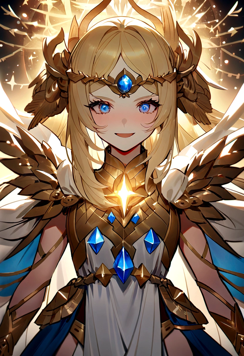 （Huang Li、high quality、Extremely detailed），Constellation - Gemini Goddess，Two goddesses appear，They are Gemini goddesses, They are laughing, Dressed very [Asymmetry），Similar to Latin goodness，brave，capricious，Productivity，The face of enterprising and humanitarianism，Yellow hair，Ancient Greek costumes、Wrap Dress，Background is starry sky，Crystal blue eyes（Eyes Details），Powerful appearance