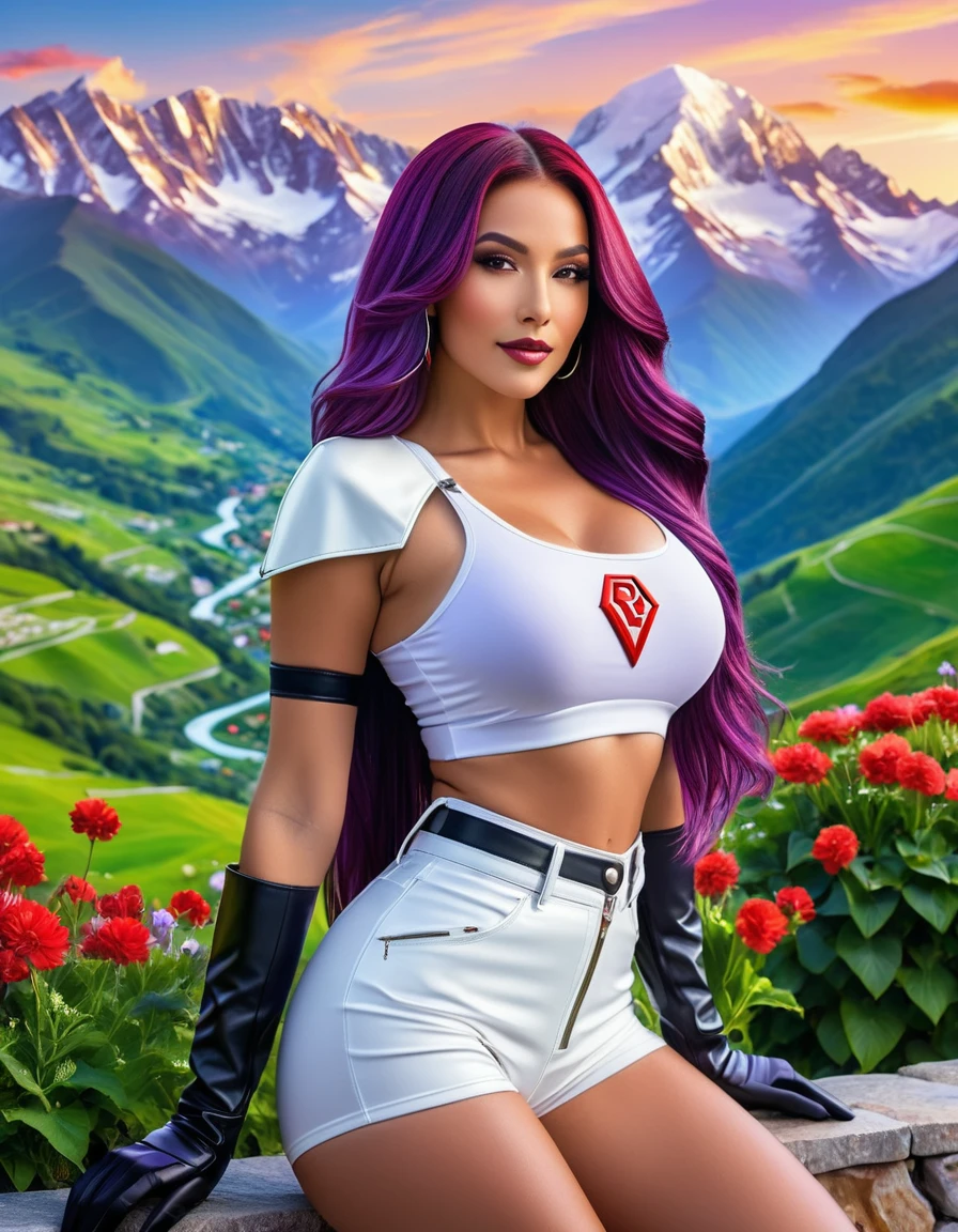 Create a realistic image of a confident woman with long, flowing purple hair, wearing a futuristic outfit. She has a white crop top with a red "R" emblem, black leather gloves that go up to her upper arms, and high-waisted white shorts. She is seated in a picturesque outdoor setting, with snow-capped mountains and lush green valleys in the background. The scene is bright and colorful, with vibrant flowers in the foreground. The woman has a relaxed and slightly playful expression, exuding a sense of adventure and confidence. Hyper realistic photo