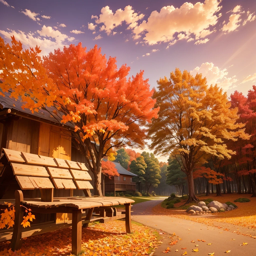 (Highest quality, High resolution), Vibrant colors,Low - Angle,

(古びたwood製のベンチ:1.3),Fascinating and enchanting autumn scenery. Warm earth tones, Soft and natural lighting.Autumn leaves background, Vibrant colorsの葉, The golden leaves gently fall, wood々Warm sunlight shining in from between, Peaceful and calm atmosphere, Soft rays of light illuminating the scene, The sound of rustling leaves, Fresh, cool air, Textured bark, A carpet of fallen leaves on the ground, Quiet and picturesque setting, Natural beauty in full bloom, 