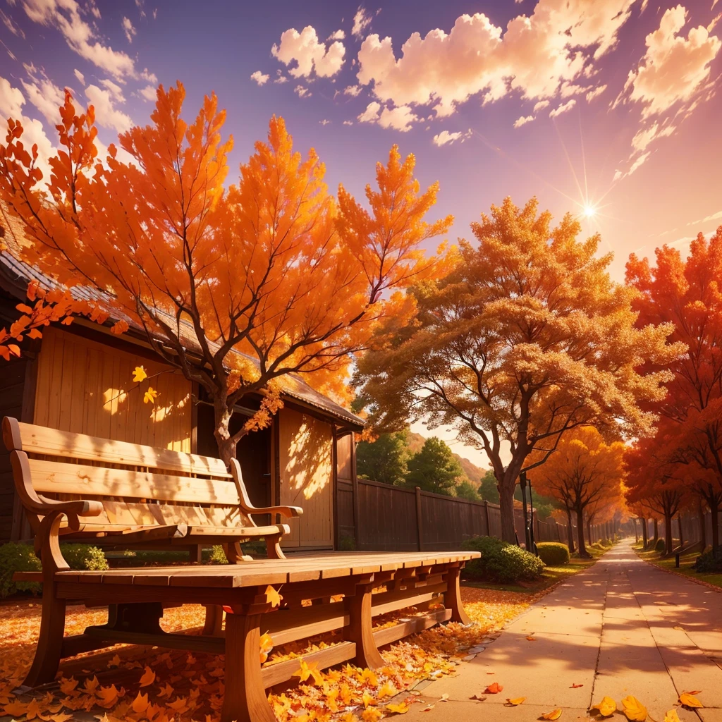 (Highest quality, High resolution), Vibrant colors,Low - Angle,
(古びたwood製のベンチ:1.3),Fascinating and enchanting autumn scenery. Warm earth tones, Soft and natural lighting.Autumn leaves background, Vibrant colorsの葉, The golden leaves gently fall, wood々Warm sunlight shining in from between, Peaceful and calm atmosphere, Soft rays of light illuminating the scene, The sound of rustling leaves, Fresh, cool air, Textured bark, A carpet of fallen leaves on the ground, Quiet and picturesque setting, Natural beauty in full bloom,