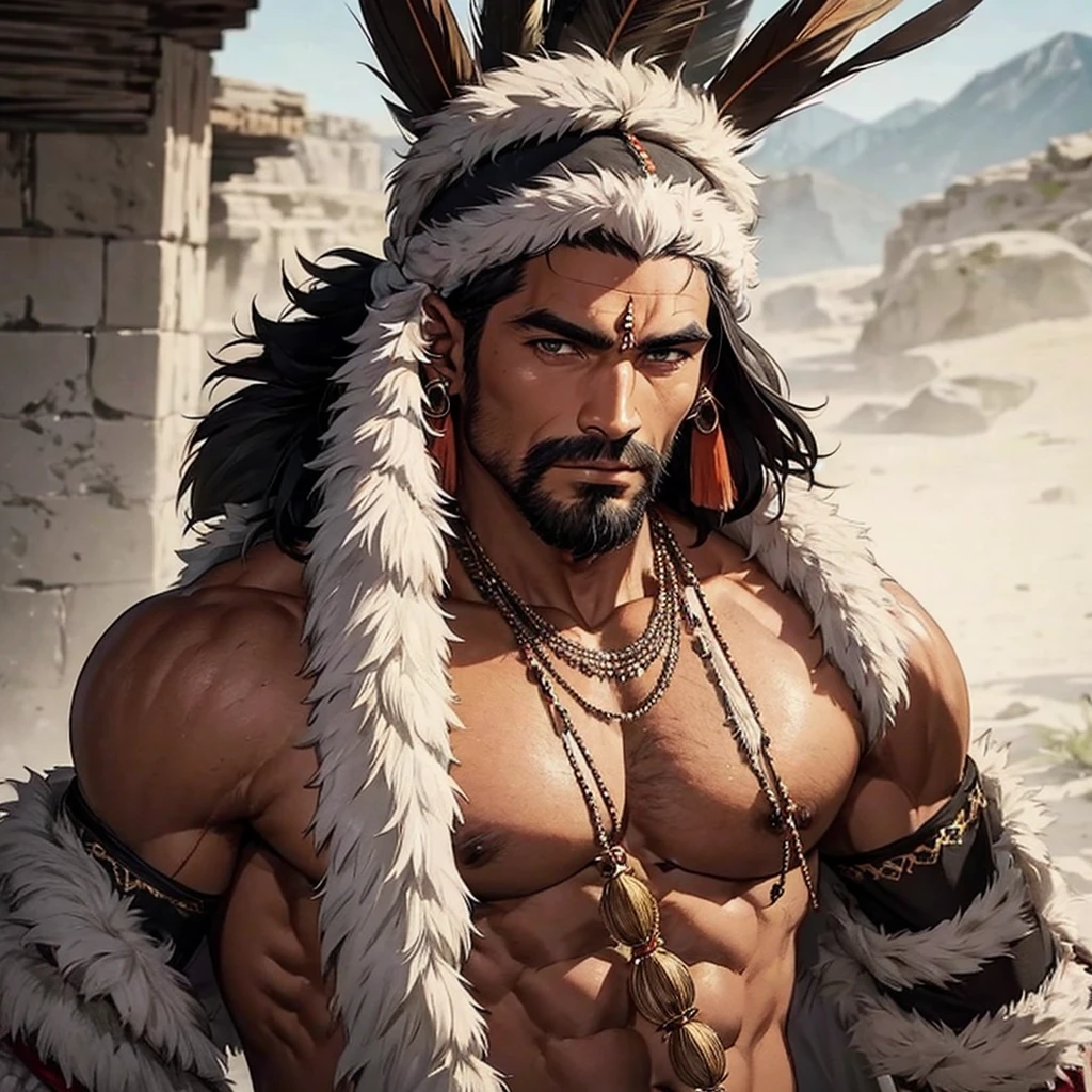 Indian tribe, male, muscular, wearing fur on the head