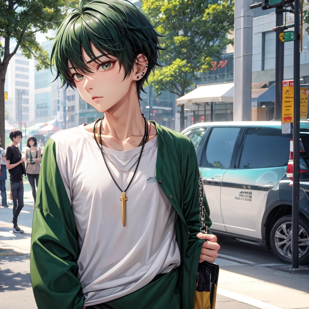 anime panel,upper body, 1Male,solo Korean, dark green hair, gray slanted eyes, casual clothes, necklace, piercing, park background, face focus