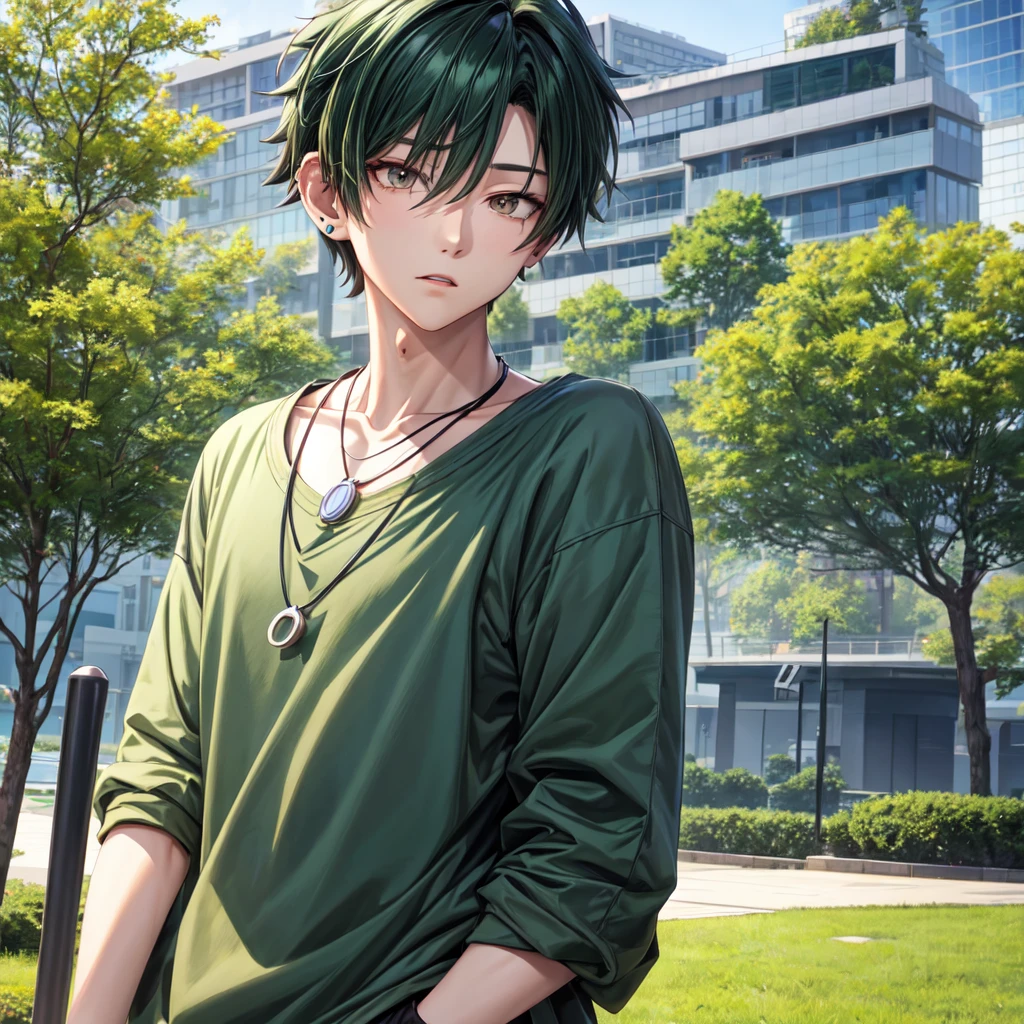 anime panel,upper body, 1Male,solo Korean, dark green hair, gray slanted eyes, casual clothes, necklace, piercing, park background, face focus