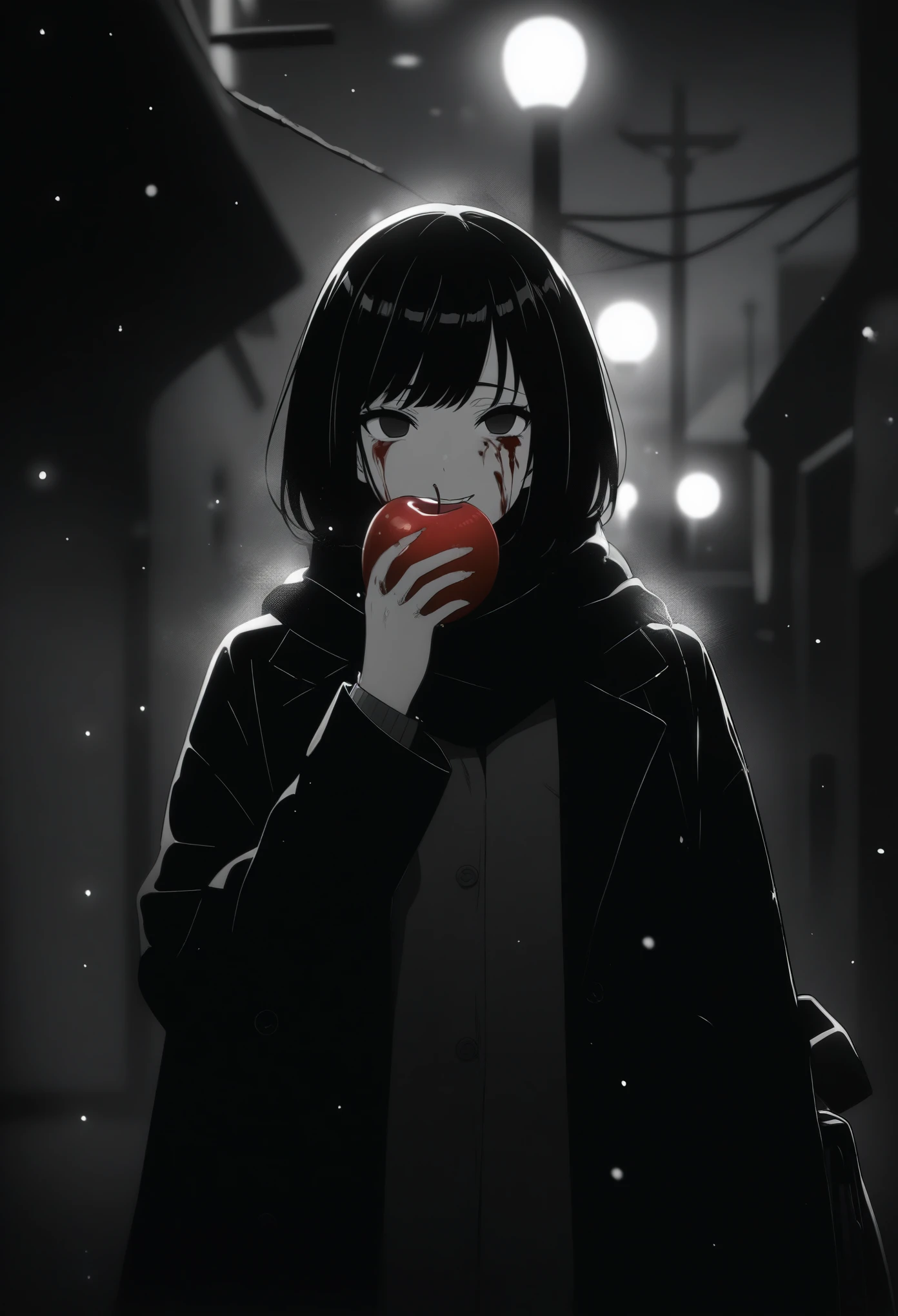 masterpiece, best quality, 1girl, momose_(oqo) official art, grayscale, manga style, japanese, chi no wadachi, black eyes, glowing white pupils, street, iced, smile, black hair, schoolbag, lineart, looking at viewer, blood on face, black coat, black scarf, 35 years old, mature_female:1, tall, fair skinned, bokeh background, bob cut, light particles, centered, snowing, emotional anime scene, (very aesthetic, best quality, ultra detailed), intricate details, red and blue lights flashing, cool, soleless, emotionless, tired, taking a bite out of a shiny red apple, eating apple, holding apple to lips, holding, street lamp, surrounded by darkness, stars, biting