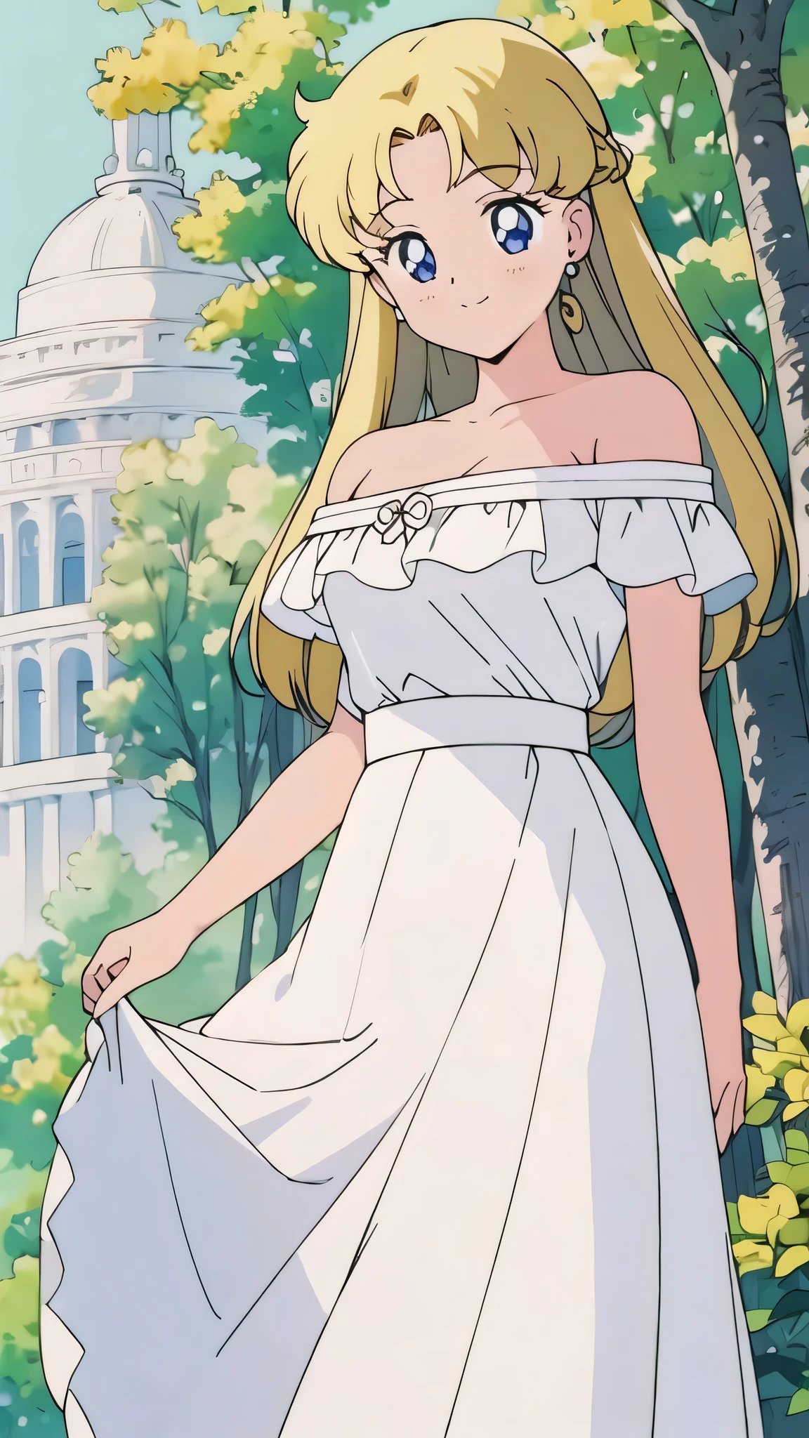 (retro anime girl:1.2), (white dress:1.1), (masterpiece:1.2), (best quality), (ultra detailed), (8k,4k), (half body:1.2), (cowboy:1.2), (close up:1.2), (highly detailed:1.2), (Ruffle Off-the-shoulder top:1.4), (Maxi skirt:1.4), Usagi Tsukino, 1 girl, solo, Best quality, masterpiece, High Definition, Teenager, Blue Eyes, Beautiful Detail Eyes, Blonde Hair, Blonde Medium Hair, Good hands at sides, Smile, Blushing, Bare Neck, Bare Arms, Bare Shoulders, short sleeve, Strapless, White Ruffle Off-the-Shoulder Top, White Off-the-shoulder Dress, White maxi dress, standing at the forest with two palace columns, yellow flowers bushes, white roses, blue skies, Close up,