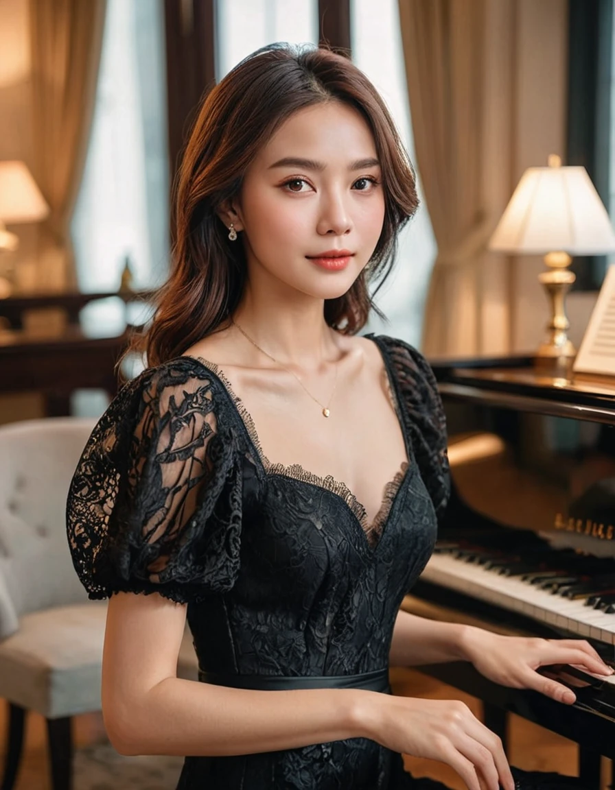 ((Highest quality、8K、masterpiece:1.3))、focus:1.2、Beautiful woman perfect body:1.4、fit body、((Bob Hale、Straight hair:1.2))、(to be born, Highest quality, masterpiece:1.5), (Realistic, Intricate details:1.2)、Shine light on your face、 Amazing view of the sunset city landscape、A bright smile、 Beautiful Face, dark brown eyes, medium long hair, tidy natural hair, medium tits, playing Piano, Black glossy piano, Bright skin、sparkling wine glass on the table, living room, Kodak film fine grain, High Contrast, back lighting ,Moist Body:1.5、detailed eyes、[Brown Hair]、shinny hair, Vintage nightgown, White semi-sheer fabric, Empire waistline, Square neckline with lace trim, Puffed short sleeves, Romantic and delicate style, Lace accents, Soft and airy material, Feminine and nostalgic