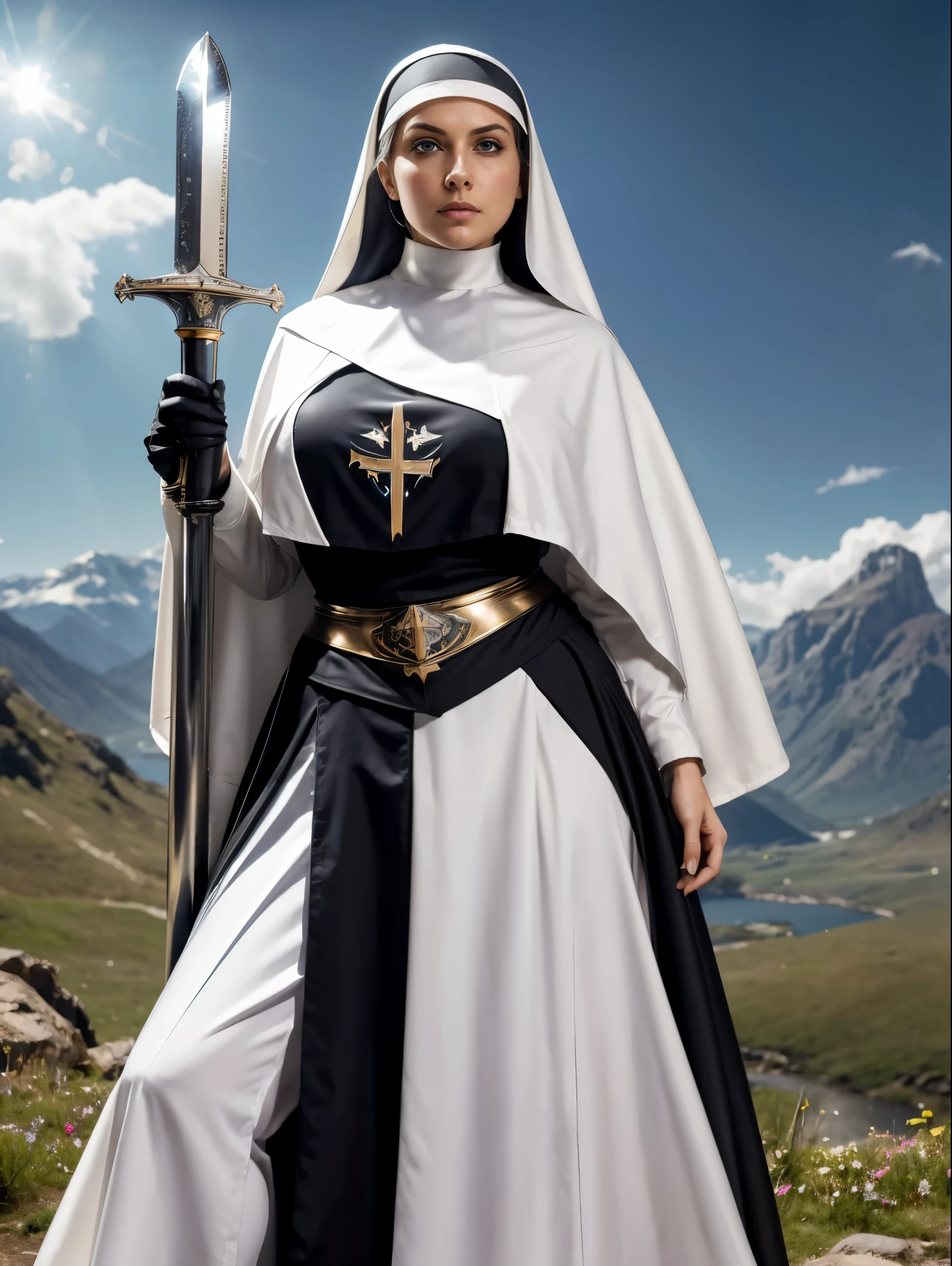 (masterpiece, top quality, best quality, official art, beautiful and aesthetic:1.2), (1girl:1.3), ((Sharp facial features, sharp features, hawkish features)), ((grey eyes)), busty paladin knight girl, extremely detailed, portrait, looking at viewer, solo, (full body:0.6), detailed background, full-body shot, (cold mountain nighttime glacier theme:1.1), holy knight, (nun), charlatan, smirk, mysterious, swaying in mountains, armor, polished metal, gold trim, long boots, white fabric, pelvic curtain, robe, pale leather, ((((nun, crossbow, heavy armor, armored, long legs, robes, prayer scrolls, toned, muscular)))), slim waist, slim hips, long legs, medieval (mountain exterior:1.1) background, dark mysterious lighting, shadows, magical atmosphere, dutch angle
