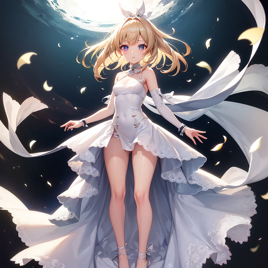 (((White Wedding Dress))), ((Bellline)),((In a naughty way)),Cute little ,Tiny Lori,Small girl,,Childish face, Very fine clean face,Top quality, Big eyes,Straight Hair,Yellow hair,Crimson Eye,(Dark Room), Subtle light, Natural light,Soft lighting,Light from directly behind, (Are standing), Cute pose, (Open your hands), Showing the whole body,Front view,Black background