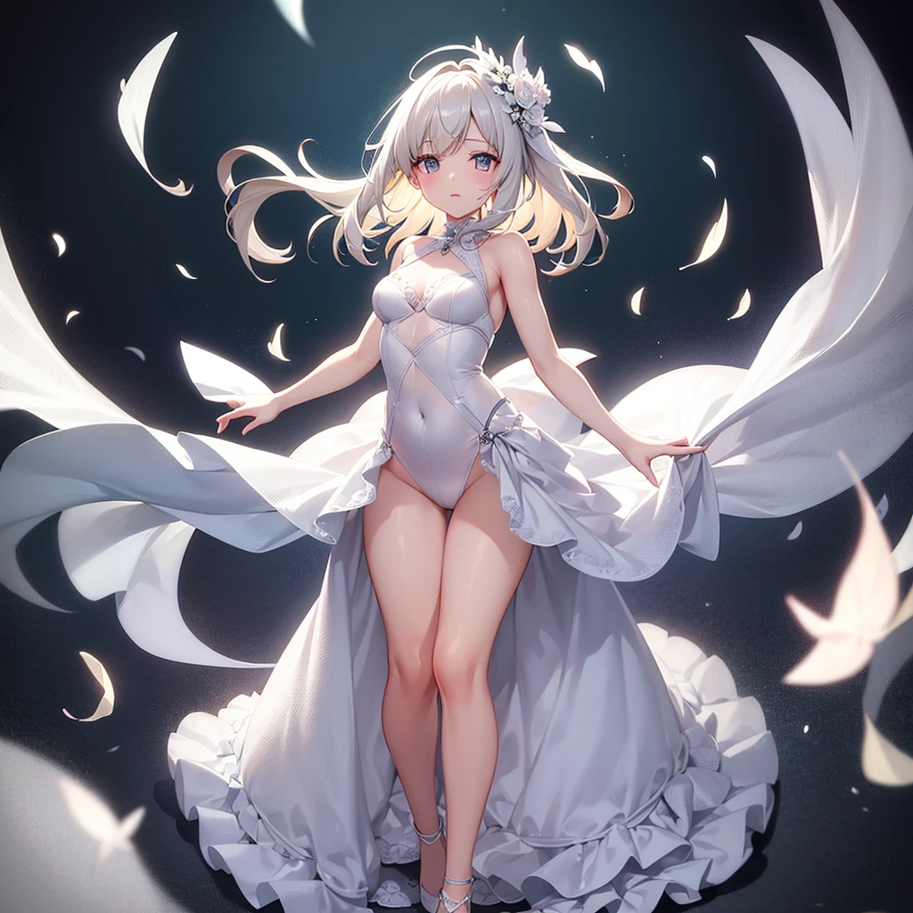(((White Wedding Dress))), ((Bellline)),((In a naughty way)),Cute little ,Tiny Lori,Small girl,,Childish face, Very fine clean face,Top quality, Big eyes,Straight Hair,Yellow hair,Crimson Eye,(Dark Room), Subtle light, Natural light,Soft lighting,Light from directly behind, (Are standing), Cute pose, (Open your hands), Showing the whole body,Front view,Black background