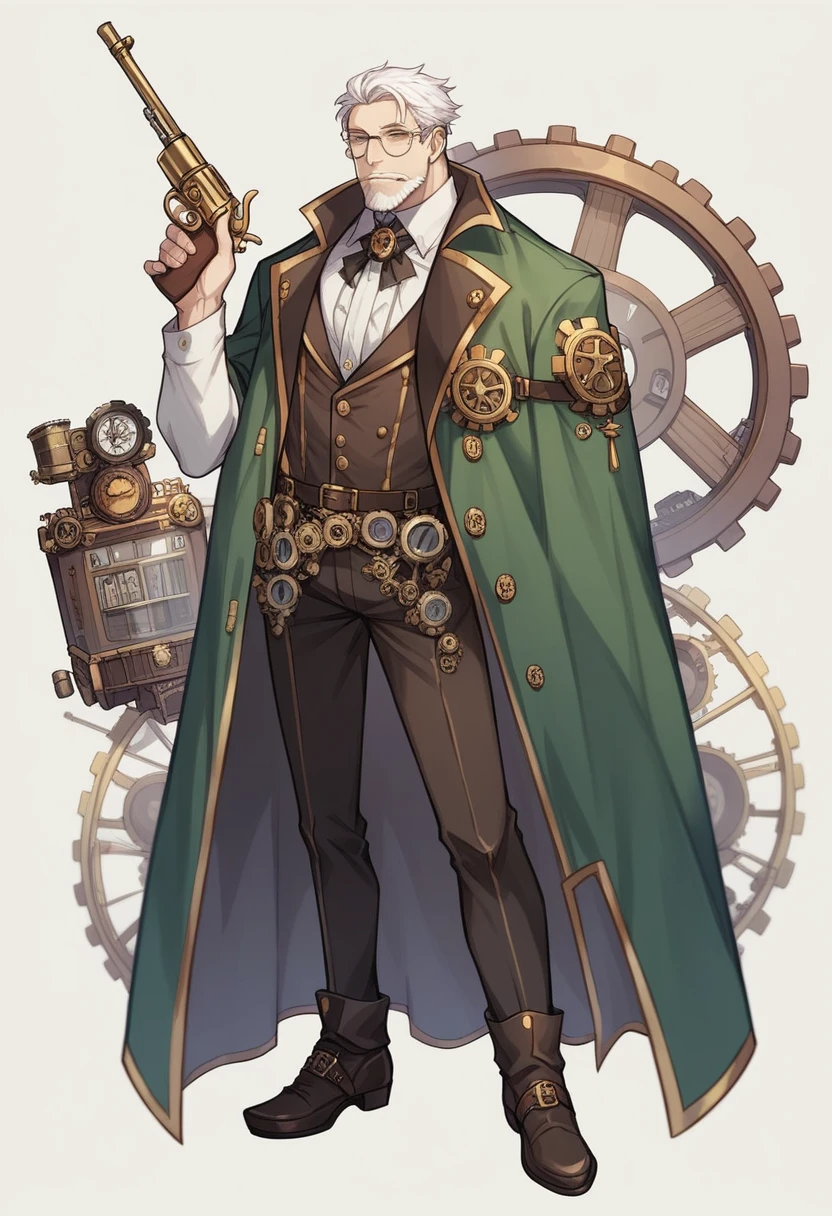 steampunk diner, blacksmith working, male, fully body, lilac eyes, mad look, glad, white hair, long white beard , steampunk glasses, steampunk tool belt, a rifle on the back, and a revolver on his waist, wearing black clothes with silver accessories, wearing a green coat with gold details, metal forge accesses in the background, gear, boxes and miscellaneous parts scattered around