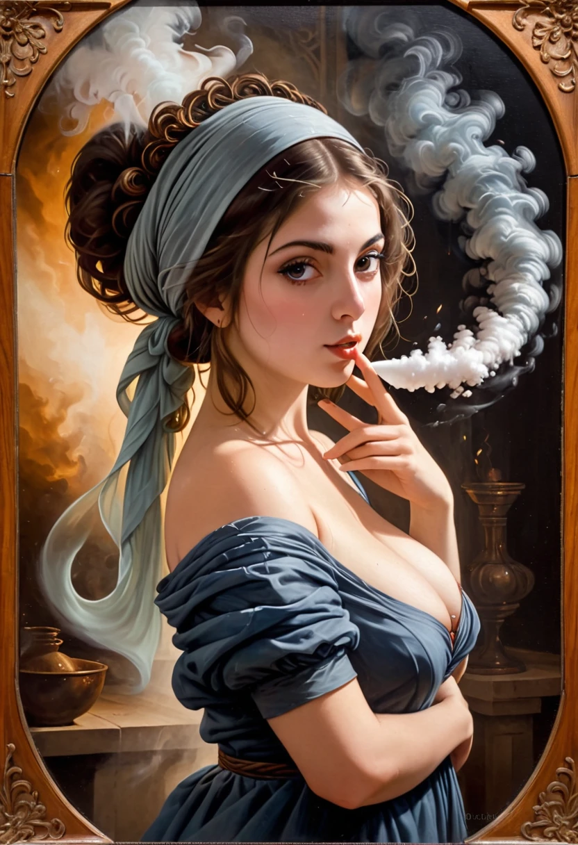 The portrait of a beautiful young peasant woman wrapped in a fantastic atmosphere of smoke with elegantly designed scrolls under the Fibonacci sequence and in the style of Giovanni Belini, in an oil painting on wood in the Venetian technique.