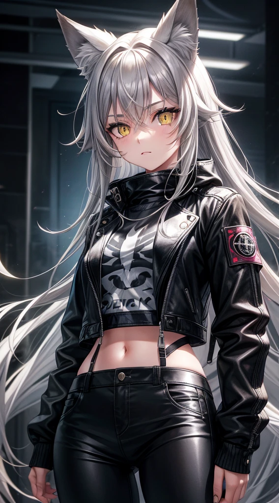 anime girl, white hair, brown skin, black lips, black tights , black shorts, black top shirt, brown eyes, collar on the neck with spikes,detailed eyes, ultra detailed, high quality, ager,