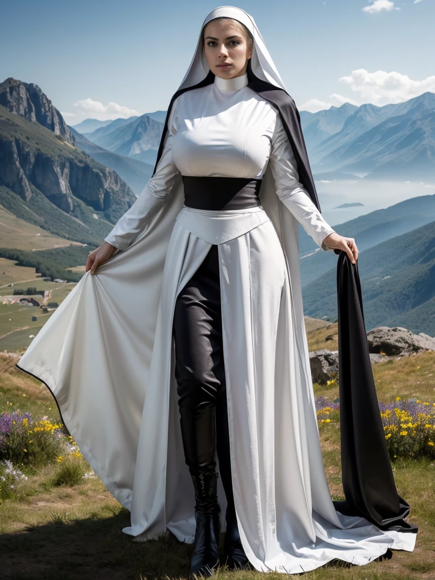 (masterpiece, top quality, best quality, official art, beautiful and aesthetic:1.2), (1girl:1.3), ((Sharp facial features, sharp features, hawkish features)), ((blue eyes)), busty brunette paladin knight girl, extremely detailed, portrait, looking at viewer, solo, (full body:0.6), detailed background, full-body shot, (warm mountain meadow theme:1.1), holy knight, (nun), charlatan, smirk, mysterious, swaying in mountains, armor, polished metal, gold trim, long boots, white fabric, pelvic curtain, robe, pale leather, ((((nun, greatsword, corona, holy aura, heavy armor, armored, long legs, pelvic curtain, toned, muscular)))), slim waist, slim hips, long legs, medieval (mountain exterior:1.1) background, dark mysterious lighting, shadows, magical atmosphere, dutch angle