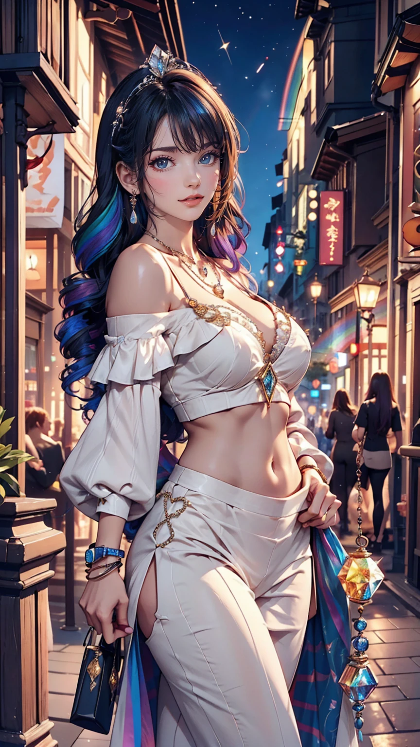 24-year-old female、Sexy proportions、Sexy、Narrow waist、Wear jewellery on your wrist、Attach a necklace、Wear platform sandals、Side Tail((side drill))、Crystal Earrings((crystal earrings))、A seductive smile((seductive smile))、Headpiece((hair ornament))、Rainbow Hair((rainbow hair))、erotic、Cleavage Emphasis、Wear off-the-shoulder tops、I can see my belly button、Lower milk visible、Wear low rise leggings、Wear platform sandals、Walk through the downtown area at night、sexy pose、hand hear