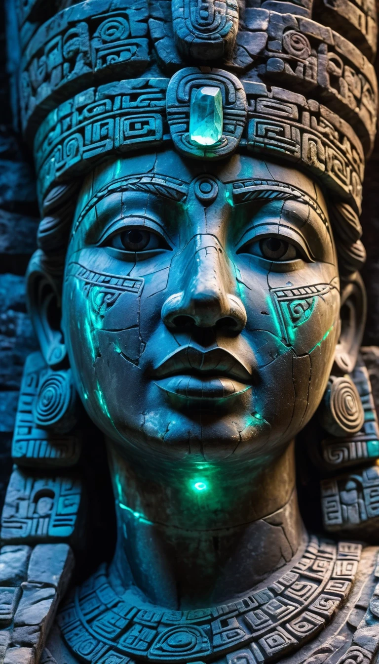Detailed close-up, Weathered Mayan statue of a woman, Close-up of complex facial features, Glowing crystal veins, Neon streaks against ancient stone, Cracked texture, Mystic energy，bust