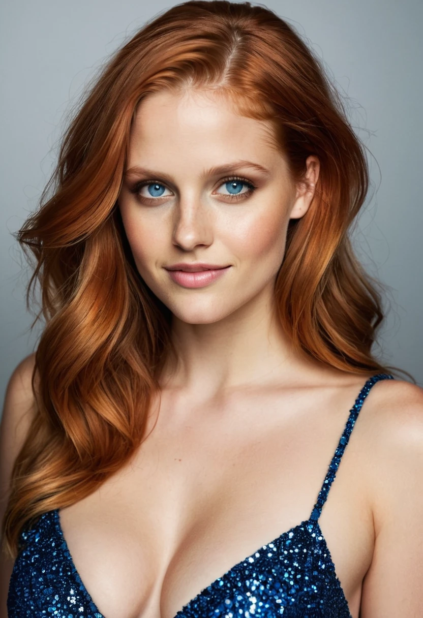 (Teresa_Palmer:1.2),(vivid_ginger_hair:1.8), (looking down the blouse), (huge_breasts:1.8), intensely_beautiful expressive_blue_eyes, flawless makeup, (big_beautiful__smile_with_flawless_white_teeth:1.3), moody dark cinematic lighting, smoky_metallic_eye_shadow, highly detailed, (huge_cleavage:1.8), slim waist, slender_face_and_slender_jawline, studio_photoshoot_with_simple_solid_background, (pale_ginger_girl_skin), posing for picture in a glittery_blue_dress that is filled with cleaveage, downblouse view,