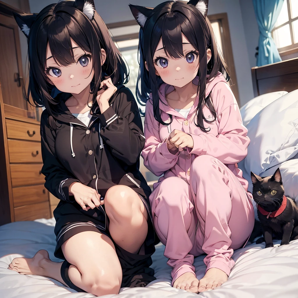 2 anime girls in a cat pajama and 1 anime girl in a dog pajama in a cute pose in bed, looking up directly at the camera. The pajamas has hoods