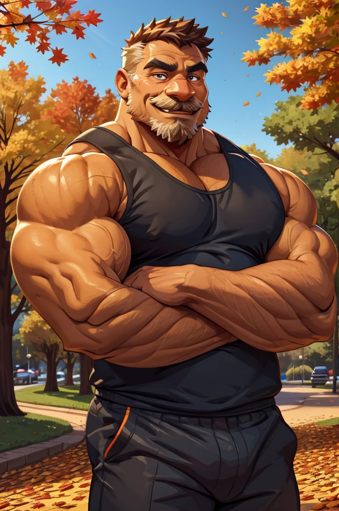 a muscular old man in park, tank top, happy, autumn, suits, vector, mwvector, bokeh, smile, (masterpiece), (best quality), 8k. huge and muscular, thick arms, short hair