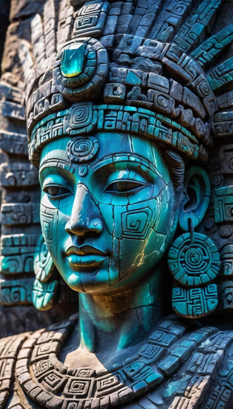 Detailed close-up, Weathered Mayan statue of a woman, Close-up of complex facial features, Glowing crystal veins, Neon streaks against ancient stone, Cracked texture, Mystic energy,bust