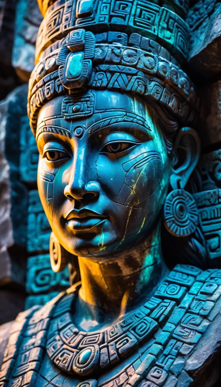Detailed close-up, Weathered Mayan statue of a woman, Close-up of complex facial features, Glowing crystal veins, Neon streaks against ancient stone, Cracked texture, Mystic energy，bust