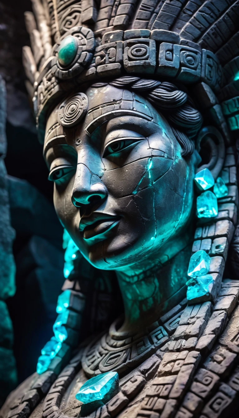 Detailed close-up, Weathered Mayan statue of a woman, Close-up of complex facial features, Glowing crystal veins, Neon streaks against ancient stone, Cracked texture, Mystic energy,bust