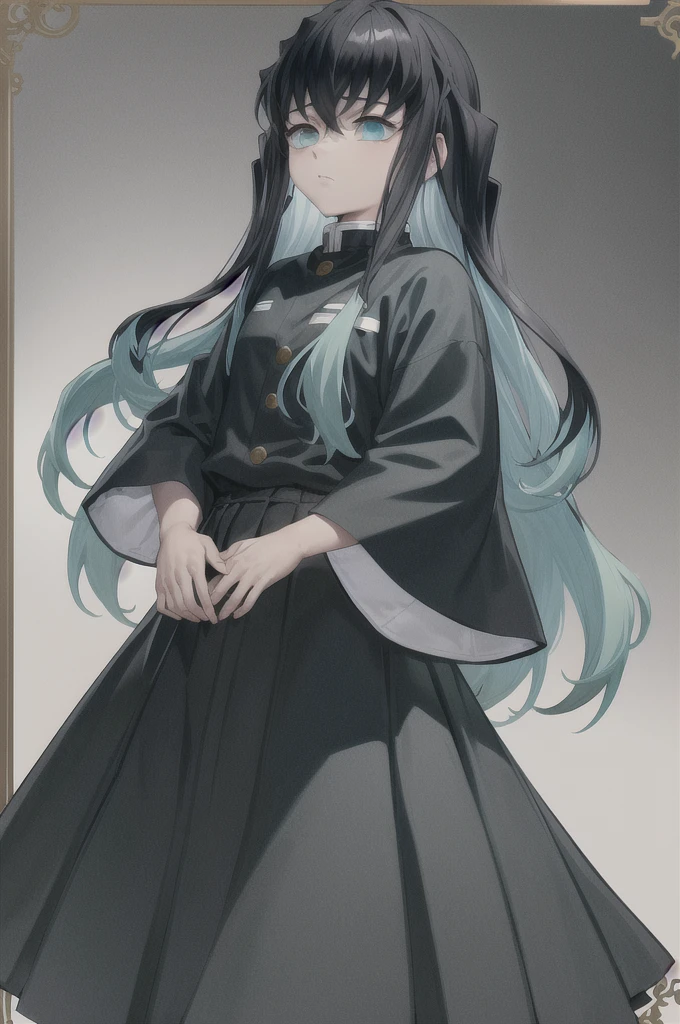masterpiece, Highest quality, One boy, In fact,Long Hair, Black Hair, Aqua Hair, bangs, Multicolored Hair, Side Lock, Long sleeve, Aqua Eye, Demon Slayer uniform, (sketch), close, Simple Background