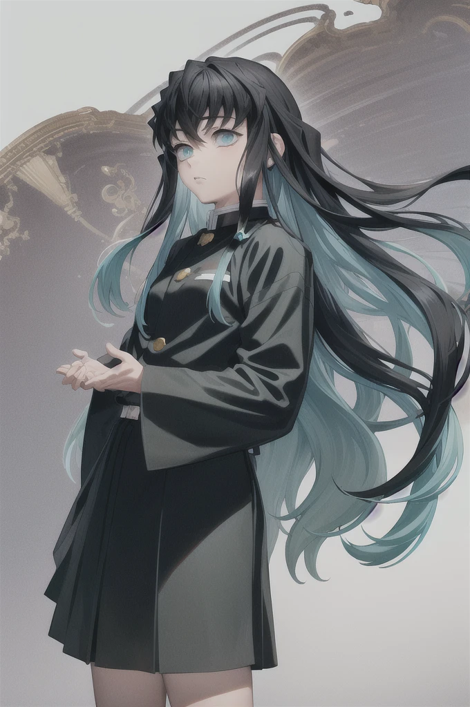 masterpiece, Highest quality, One boy, In fact,Long Hair, Black Hair, Aqua Hair, bangs, Multicolored Hair, Side Lock, Long sleeve, Aqua Eye, Demon Slayer uniform, (sketch), close, Simple Background
