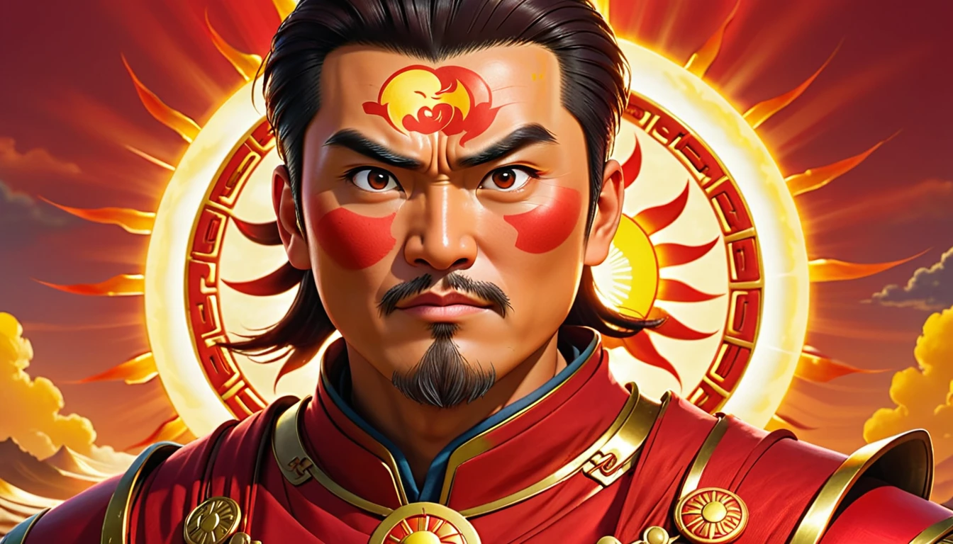 A middle-aged Chinese man named Sun,Burly figure,Long face,Strong and majestic,short hair,Money,Glowing like sunshine,Thick eyebrows,With a sense of majesty,Short whiskers,Appears clean and neat,Healthy bronze,Wearing a red armor,Symbol with sun,腰间配有一把Money色长剑
