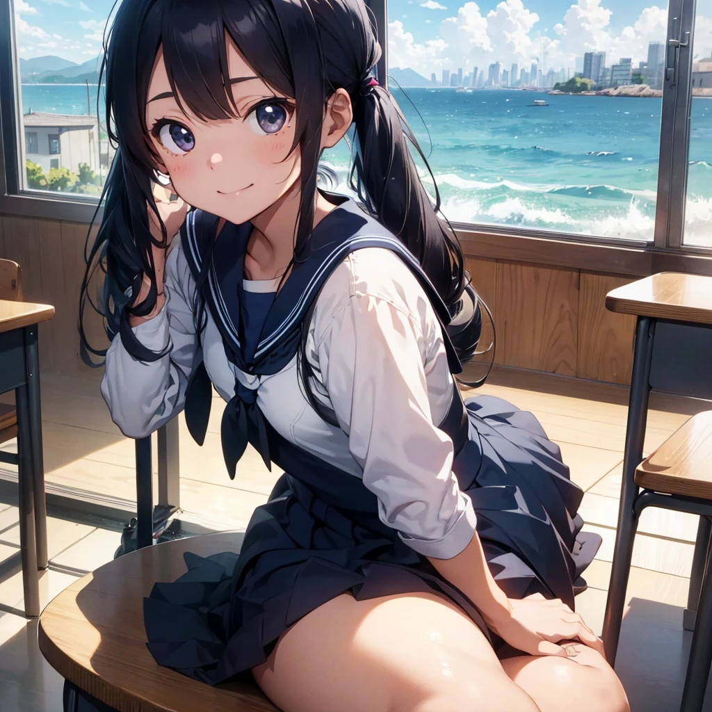 Highest quality, Very detailed, masterpiece, One Girl, Sit on a chair, talk, Smile, , (low twintails:1.2), Low Pigtails, Black Hair, Long Hair, (Navy blue sailor suit:1.4), Blue ribbon, Long sleeve, School desk, School Chair, classroom, from the front, window, distant cityscape, A town with hills, The ocean in the distance, 15 o'clock, anime, (Close up on face),