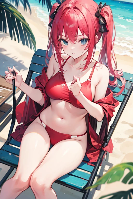 creates an anime girl in a red swimsuit taking off a white blouse 24 years old in a tropical beach landscape and sitting on a beach chair
