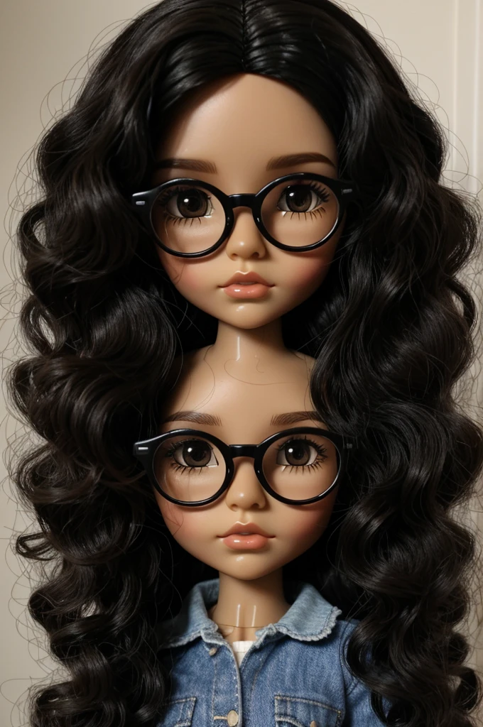Blythe doll, dark skin tone , black hair, dark brown eyes, curly and medium long hair, glasses.

