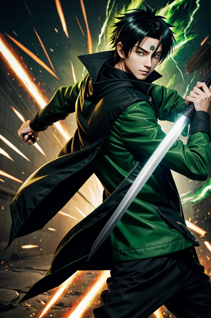 Anime boy in a green and black jacket with a crepeer on his back, black pants with a katana and black hair with green highlights and explosion powers and green and red eyes