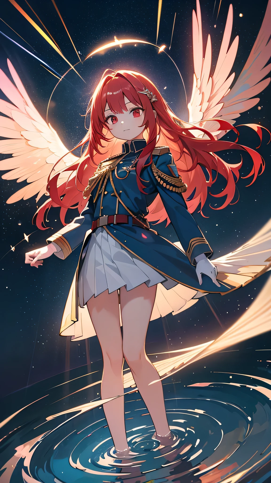 she has a slim body and light cream-colored skin. sHe wears a dark blue suit with a red belt and red boots. sHe has wavy blue hair, green eyes, pink cheeks, and a light orange beak. SPARKLE; GLITTER