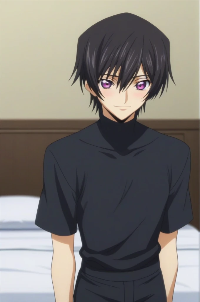 score_9, score_8_up, score_7_up, source_anime, rating_safe, intricate details, anime screencap, , , looking at viewer, depth of field, 1boy, solo, male focus, lelouch_lamperouge, black hair, purple eyes, hair between eyes, bangs, smile, blush, cute, naked, bed room, night,